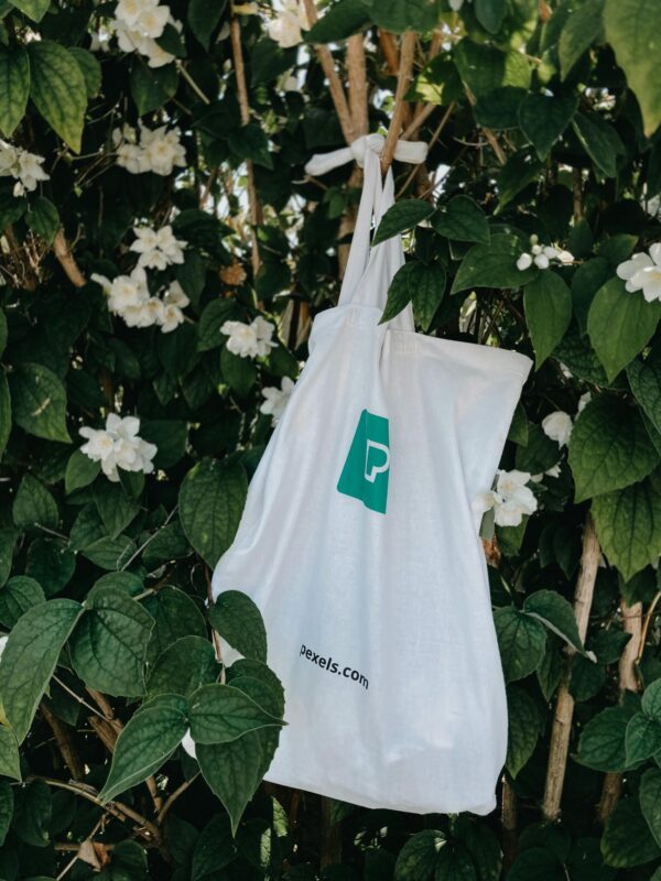 Photo by Lisa Fotios Eco friendly bag with green print hanging on branch of green tree with flowers